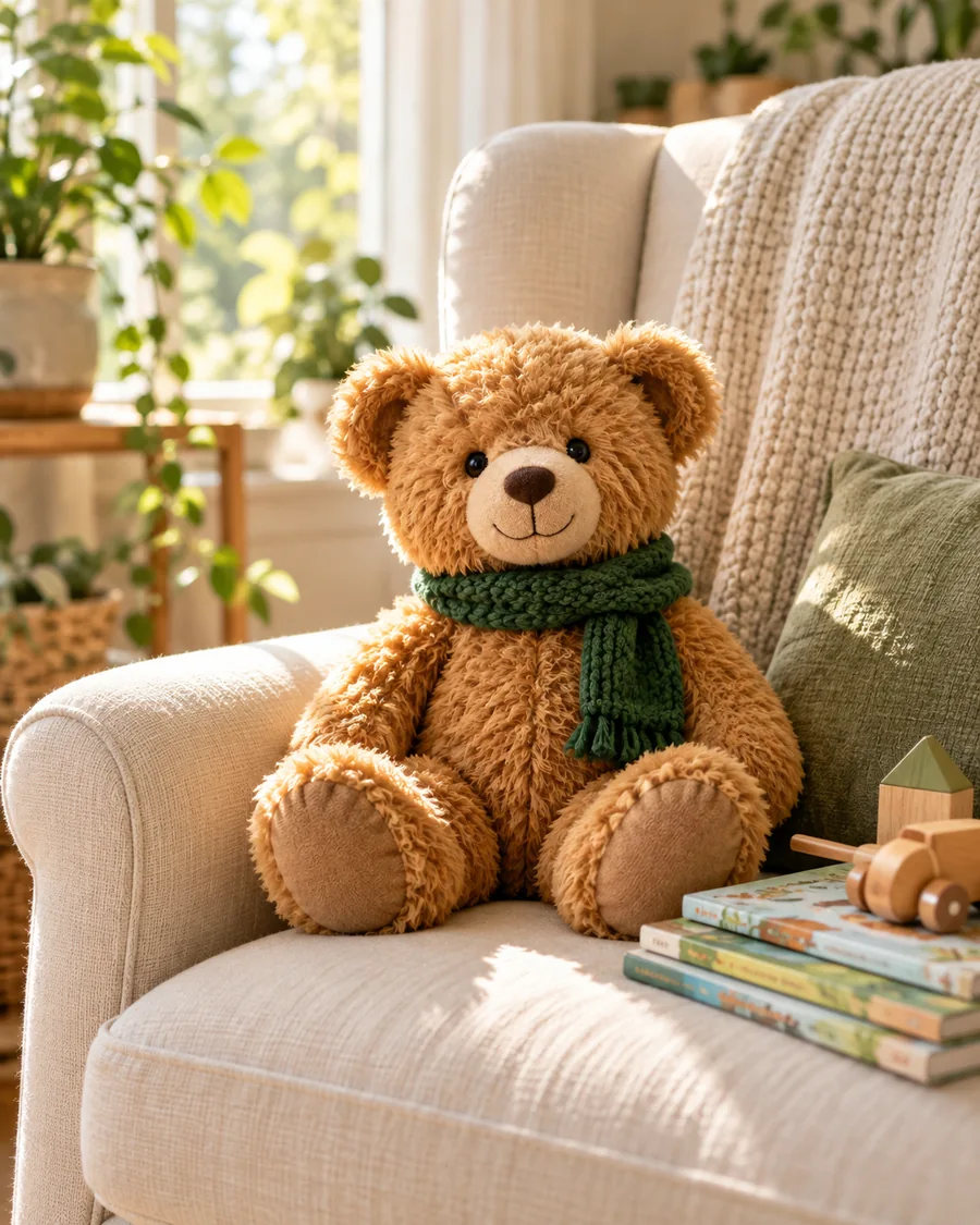 A teddy bear in a green scarf beside books and wooden toys in a sunlit room.